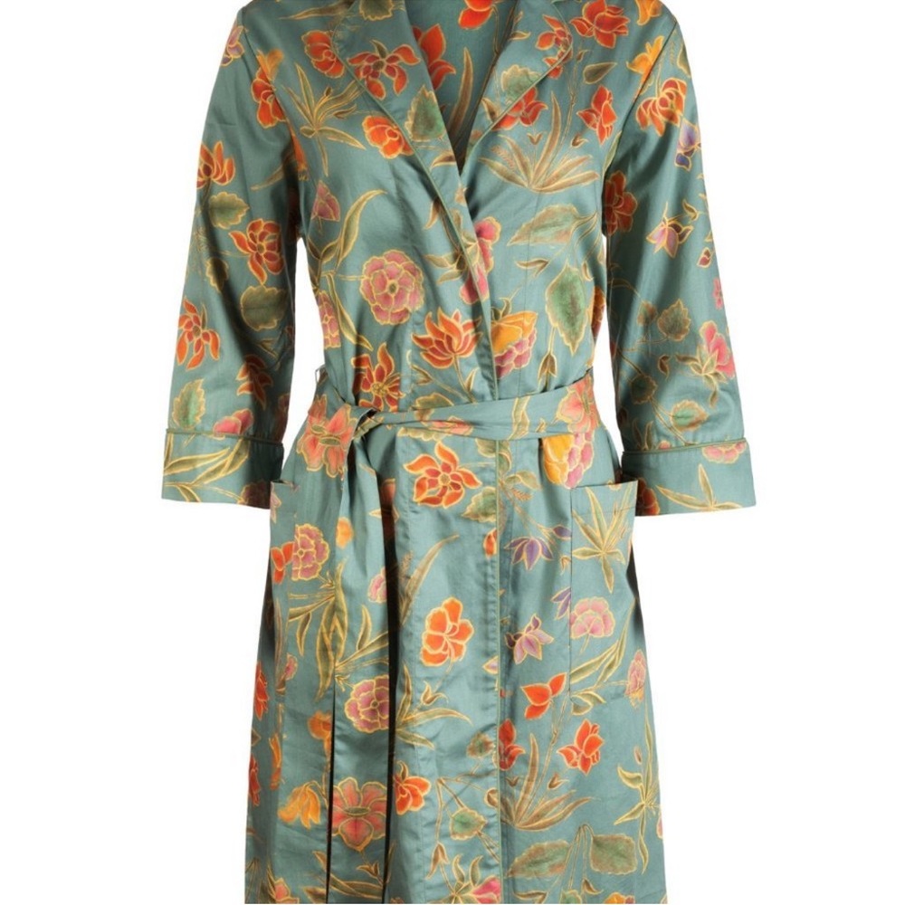 Peruvian Connection Robe Womens Sz M Sage Green Floral Print Pima Cotton